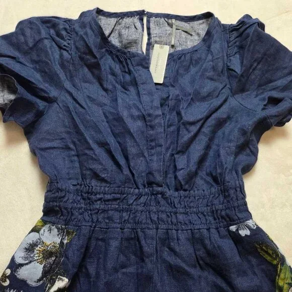 New SP By Anthropologie The Somerset linen printed jumpsuit in blue S Petite